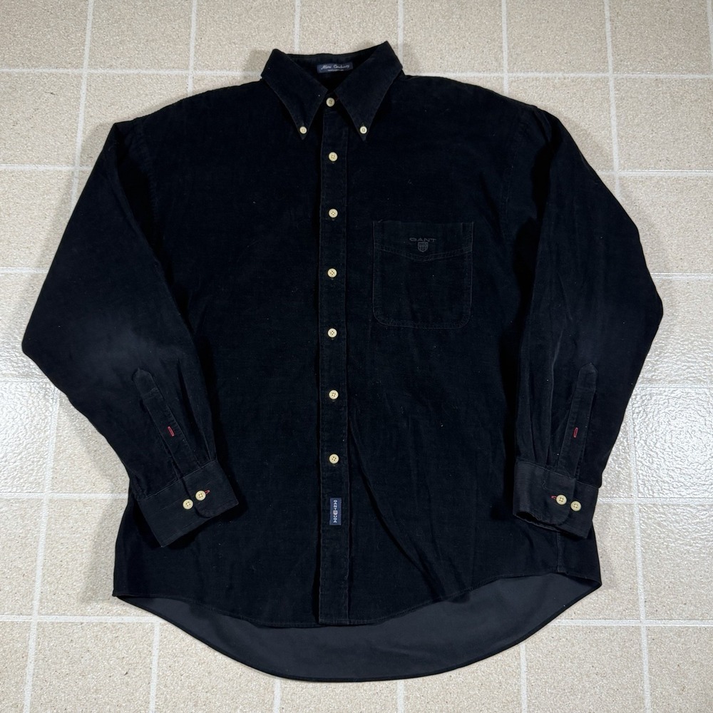 Vintage Gant Sz L Black Corduroy Crest Button Down Shirt Preppy